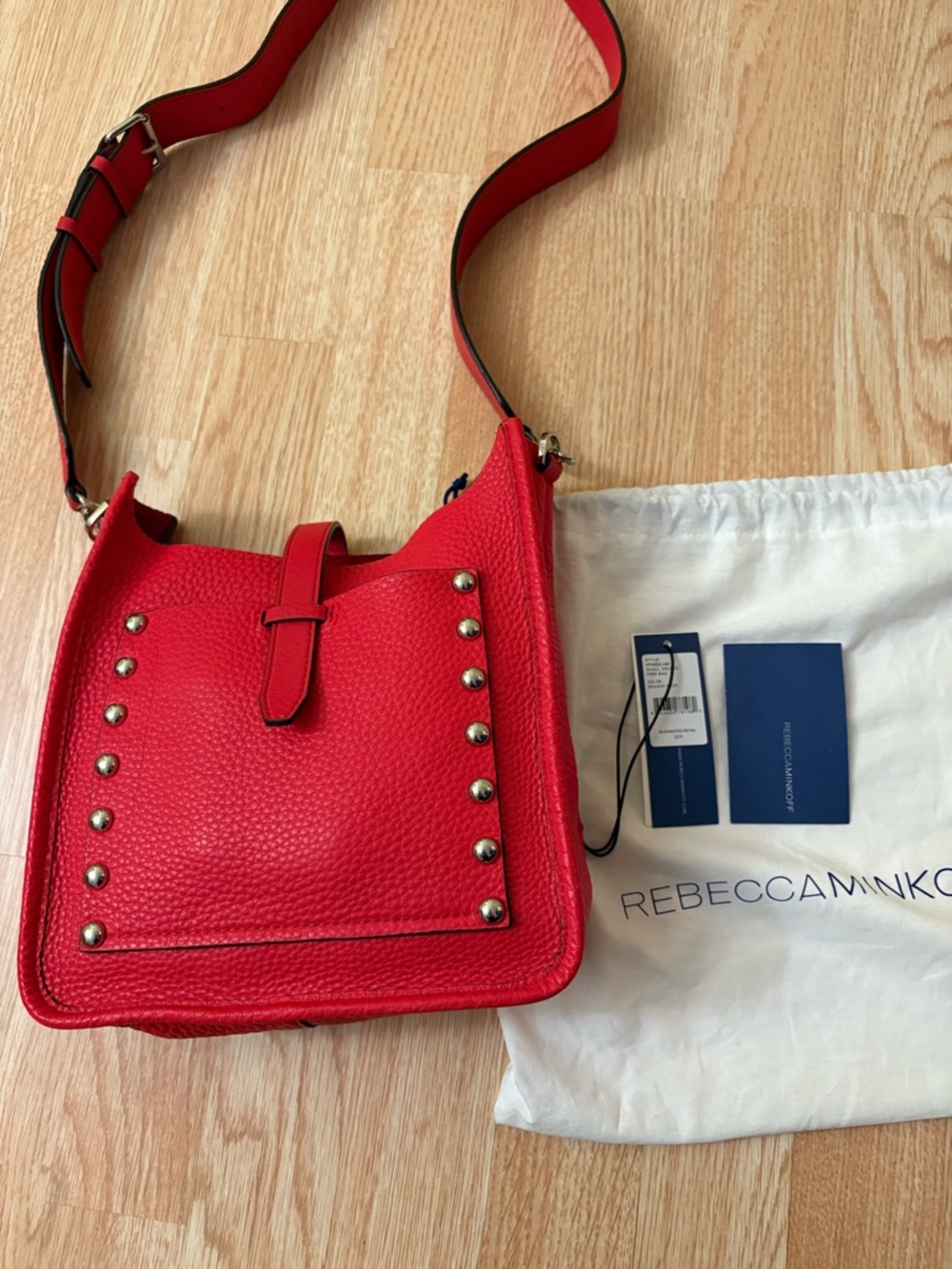 Rebecca Minkoff Bright Red Pebbled Leather Studded Crossbody